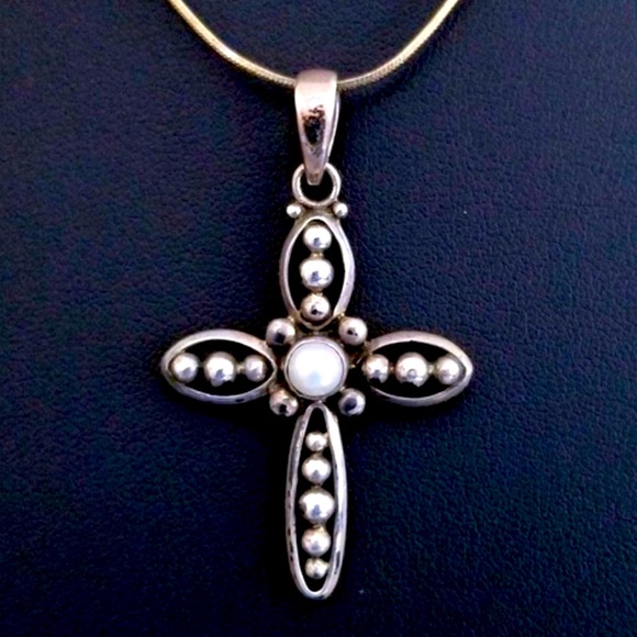 Silpada Vintage Sterling Silver Pearl Cross Pendant & Thick Chain Necklace - Picture 1 of 6